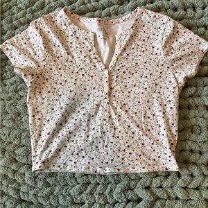 ESTNAC Floral Button Henley Tee - White with Purple Floral